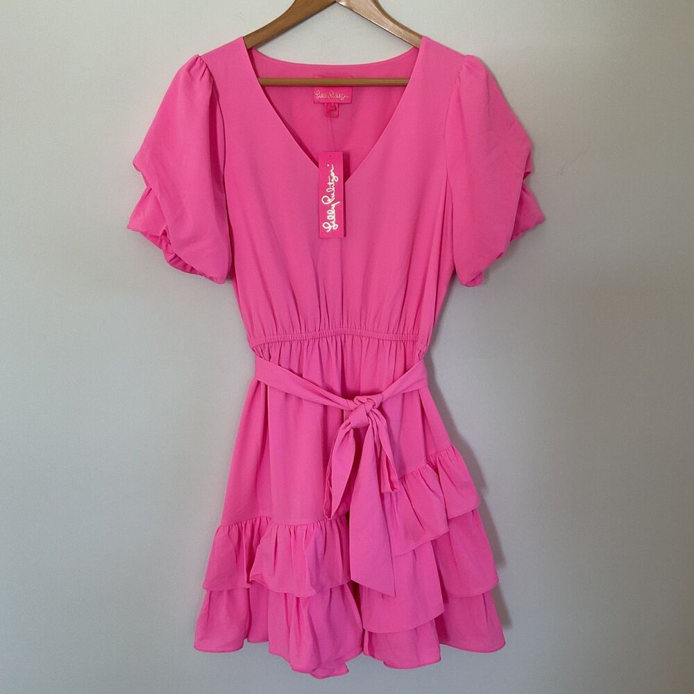 Lilly Pulitzer Hot Pink Ruffle Tiered V-Neck Dress